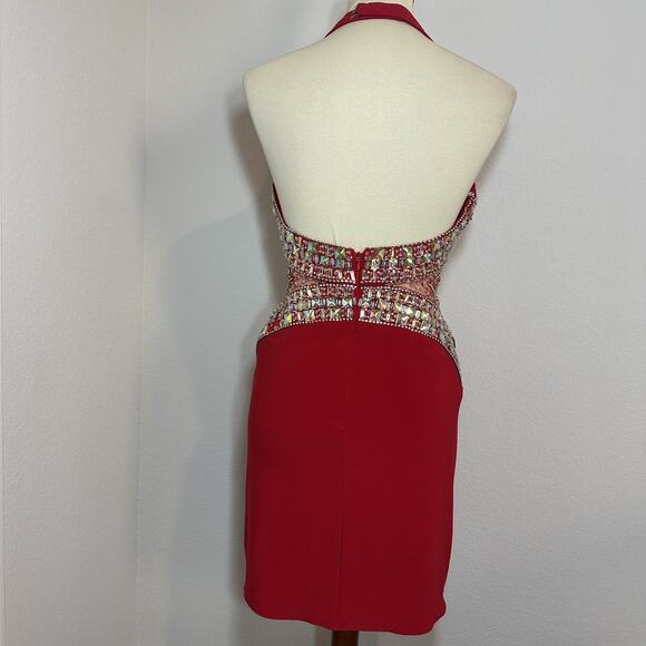 Vintage TONY BOWLS Sequin Cut Out Red Halter Cocktail Dress Pageant HOCO Formal - Picture 9 of 17